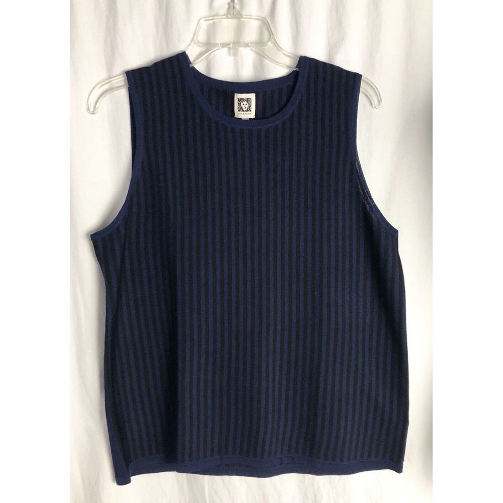 ANNE KLEIN NEW Women's Striped Scoop Neck Knit Tank Shirt Size L Blue/black